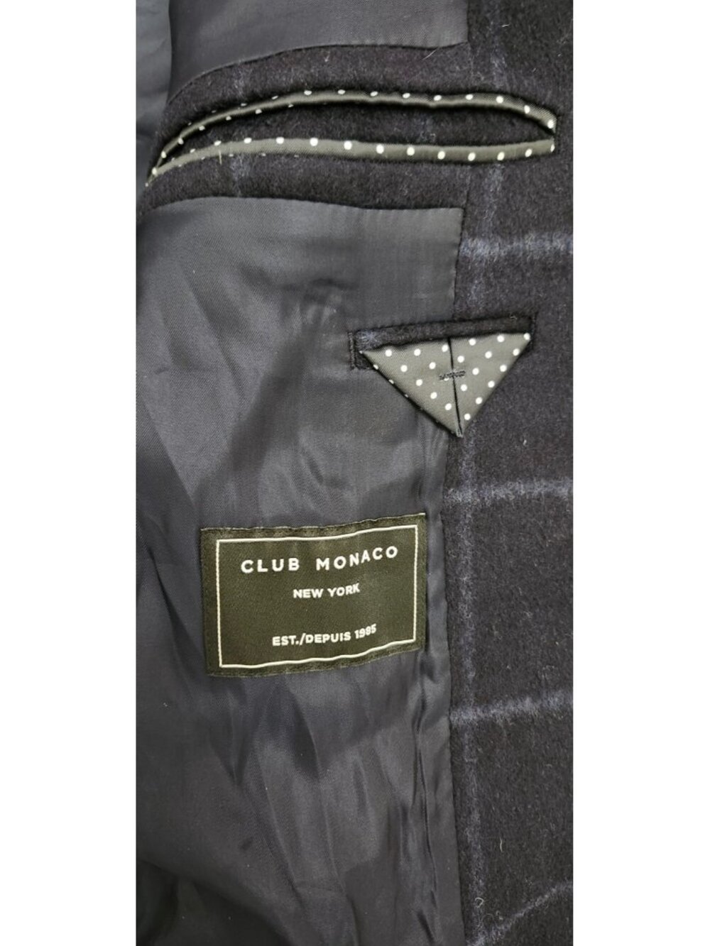 Club Monaco Mantico Wool Blend Overcoat Mens 42 Navy Windowpane Long Coat Jacket - Picture 13 of 16